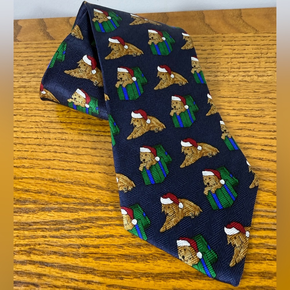 Vintage Robert Stock Silk Neck Tie Navy Blue Christmas Puppy Santa Present‎